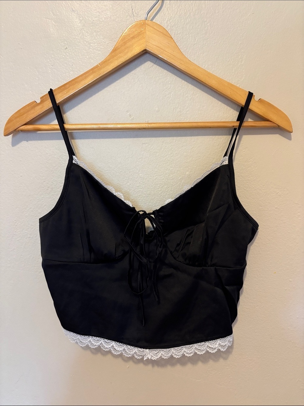Cider Black Satin Lace-Trim Cropped Cami